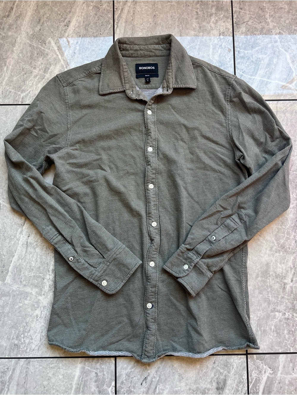 Bonobos Mens Dark Green Micro Pique knit ButtonUp LongSleeve SlimFit LongShirt M